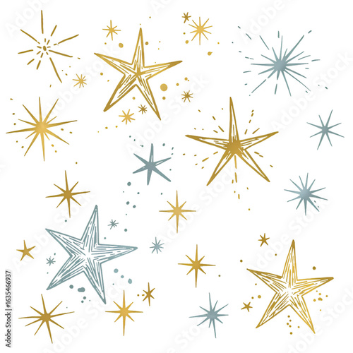 Illustration of Gold and Blue Stars Sparkles on Transparent Black Background