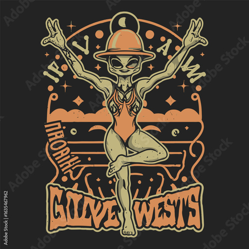 A retro alien character in a vintage outfit doing a graceful yoga or fitness pose for a t-shirt design vector illustration