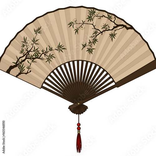 Illustration Of An Asian Fan With Bamboo And Floral Details Brown And Beige Colors