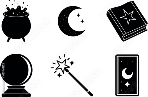 Witchcraft & magic silhouette icon set – cauldron, moon, spellbook, crystal ball, wand, tarot, mystical icons