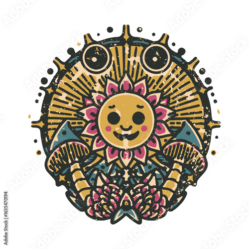 A psychedelic smiling sunflower character with steampunk gears and mushrooms in a groovy mandala design vector illustration