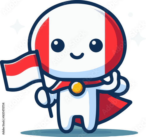 Cute Superhero Character Holding Indonesian Flag – Flat Cartoon Style