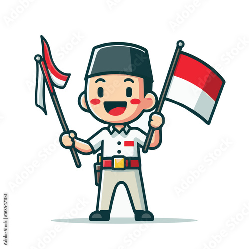 Cute Indonesian Boy Waving Flags – Independence Day Celebration Vector