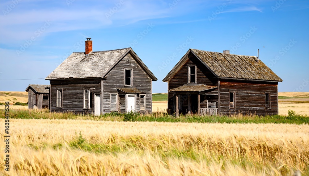 Obraz premium Vintage abandoned farmhouses amidst golden wheat fields under a clear sky landscape