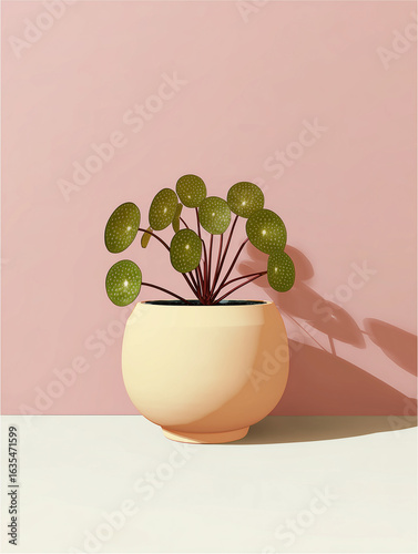 Minimalist Chinese Money Plant in a beige pot on a pink background.