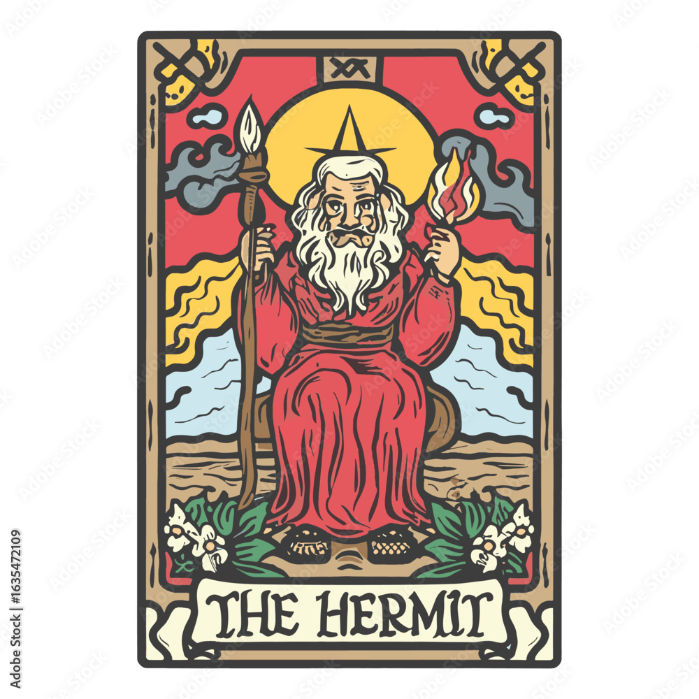 Obraz premium The Hermit tarot card featuring a wise old man with a lantern and staff in a vintage illustration style vector illustration
