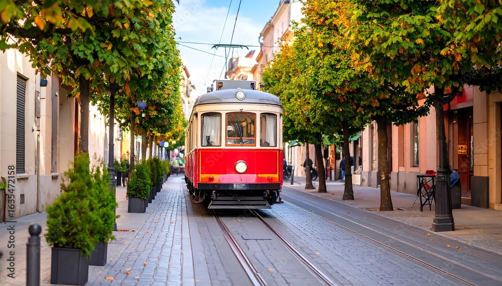 Obraz premium Vintage Tram on a Tree-lined Street: Capturing the Charm of Urban Transport