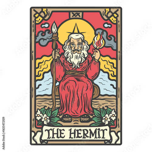 The Hermit tarot card featuring a wise old man with a lantern and staff in a vintage illustration style vector illustration
