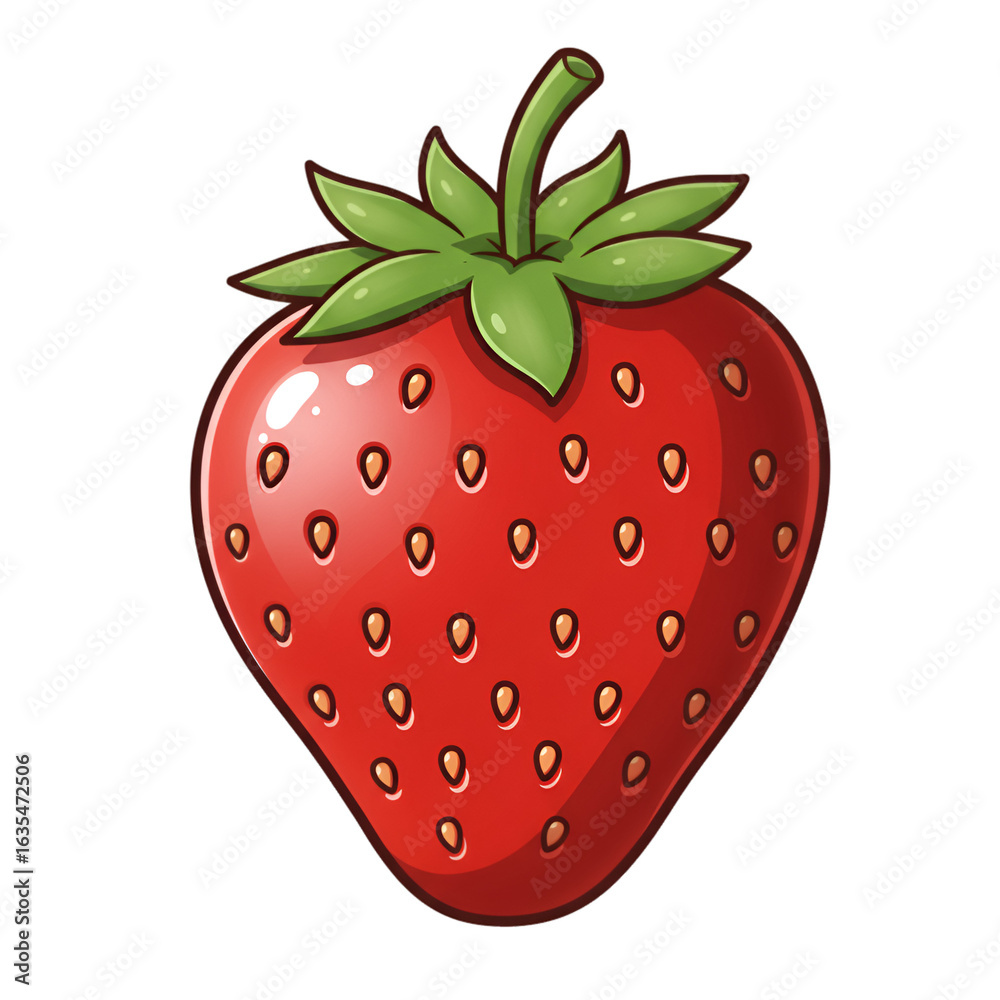 Fototapeta premium Illustration of a Ripe Red Strawberry with Green Leaves on Transparent Background