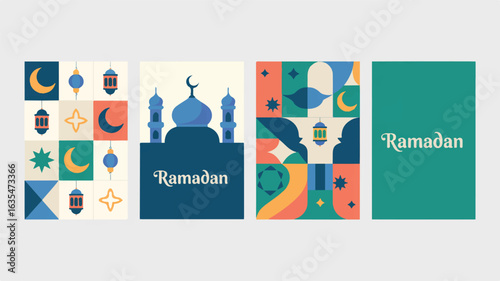 Four minimalist Ramadan themed graphic designs with moons lanterns and mosque silhouettes Islamic Muslim