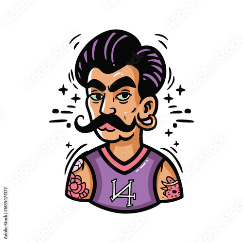 Wallpaper Mural A modern hipster character with a stylish mustache, arm tattoos, and piercings in a cool, urban style vector illustration Torontodigital.ca