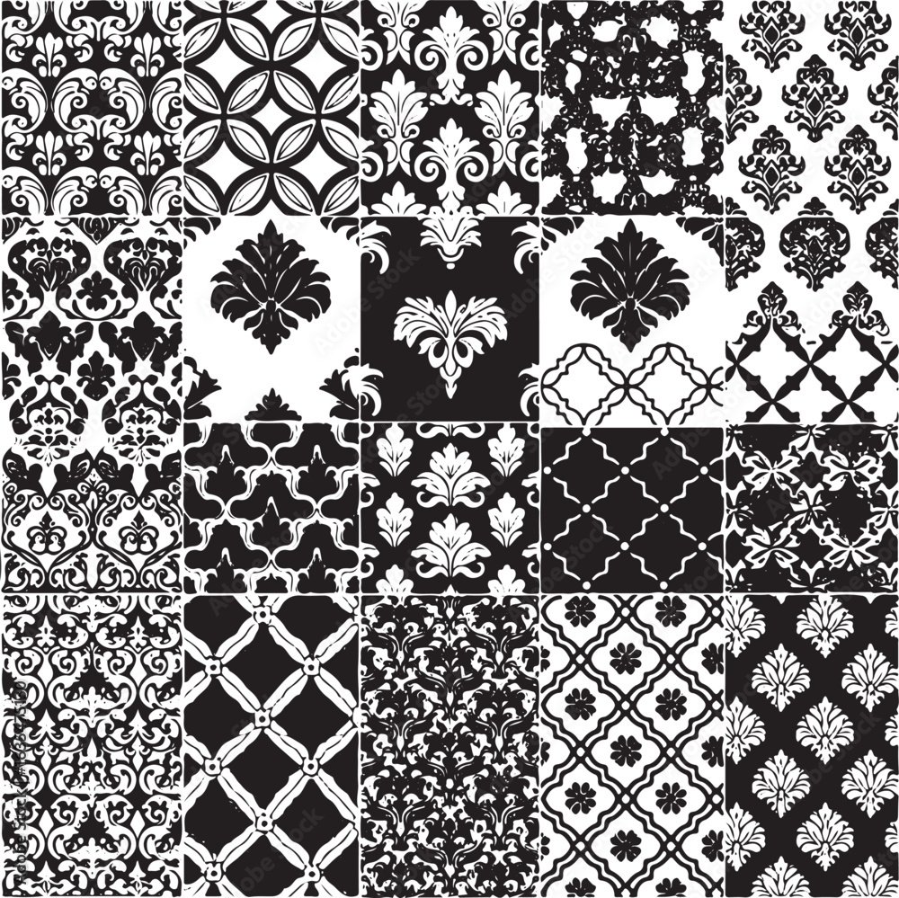 Fototapeta premium Collection of vintage gray and white damask and geometric patterns