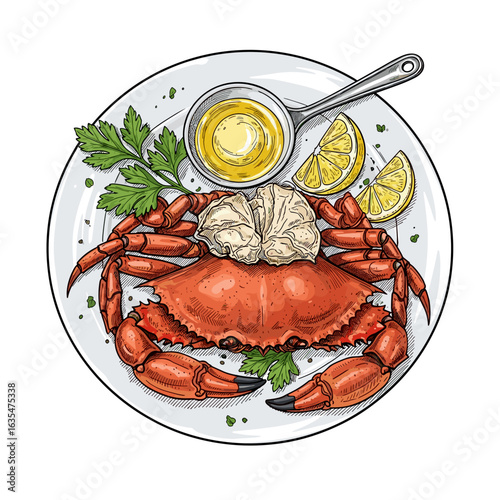 Fresh crab with lemon slices and dipping sauce on white plate  