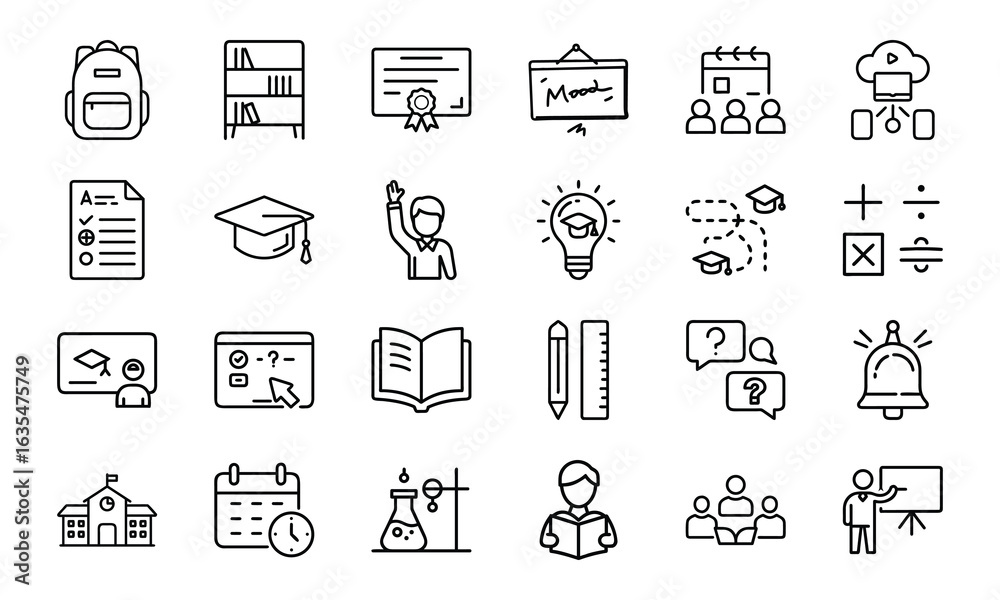 Fototapeta premium 24 Education and School Line Icons Learning, Teaching, Online Classes, Graduation, Science, Math, and Classroom Vector Icon Set for Teachers, Students, and Educational Projects