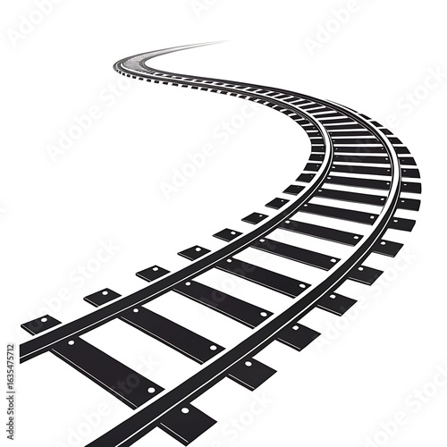 Curving train tracks leading into the distance on a white background