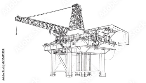 Detailed line drawing of an offshore oil rig