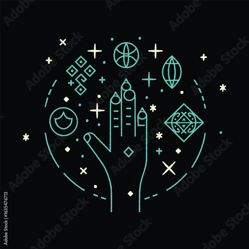 A mystical hand surrounded by celestial and magical symbols in a clean, minimalist cosmic line art style vector illustration