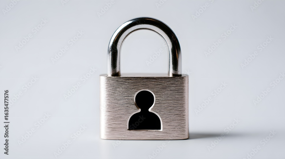 Fototapeta premium Silver Padlock with Human Silhouette, Studio Setting, Photography, Minimalist Environment, Close-up View, Privacy Concept