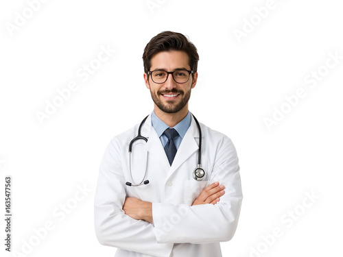 Confident and approachable young doctor with a friendly smile and crossed arms stands on a blank