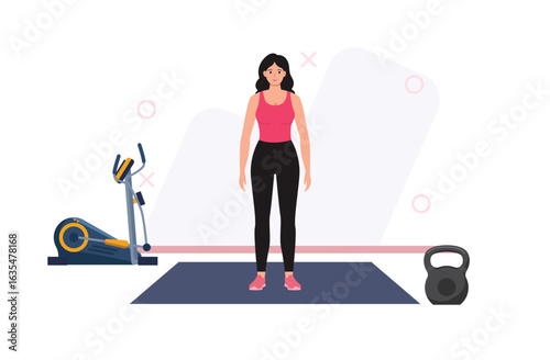 Young Woman Standing Near Elliptical Machine in Home Gym Minimalist Fitness Illustration