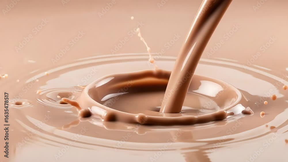 Chocolate milk pouring creating a dynamic splash with circular ripples on the smooth surface of the creamy beverage Chocolate milk pouring creating a dynamic splash with circular ripples on the smooth surface of the creamy beverage