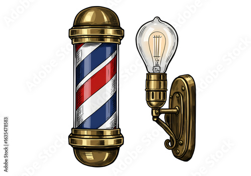 Illustration Of Barber Pole And Light Bulb In Vintage Gold On Black Background