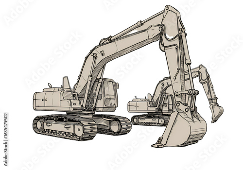 Illustration of Construction Excavator Heavy Machine with Line Art on Black Background