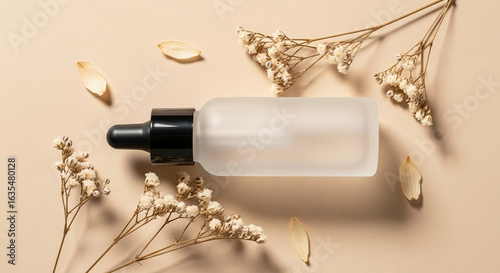 Frosted glass bottle with dried flowers on beige background