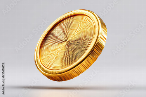 Single gold coin with intricate detailing, suspended in mid air, showcases its shiny surface and unique design. coin texture and color create striking visual impact
