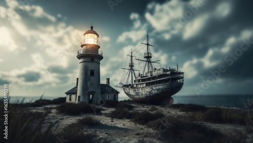 Wallpaper Mural Lighthouse and Shipwreck: Dramatic Coastal Scene Under Stormy Skies. Torontodigital.ca