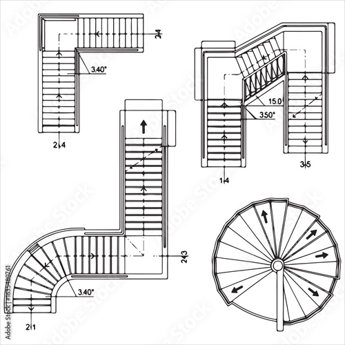Architectural drawings of various staircase designs and layouts