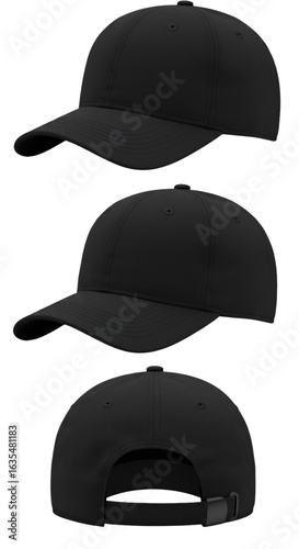 Isolated Black Baseball Caps in Multiple Views on Transparent Background
