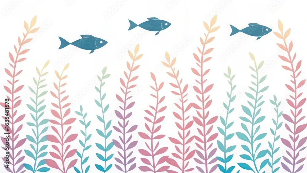 Obraz premium Illustration of seaweed with fish isolated on white background, a colorful underwater scene with aquatic plants