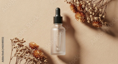 Frosted glass dropper bottle with dried flowers