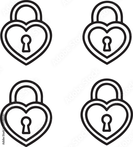 Set of Heart Shaped Padlock Outline vector illustration isolated On Transparent Background