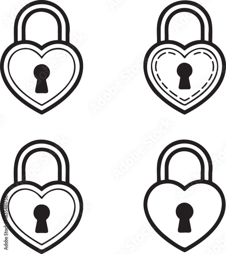 Set of Heart Shaped Padlock Outline vector illustration isolated On Transparent Background