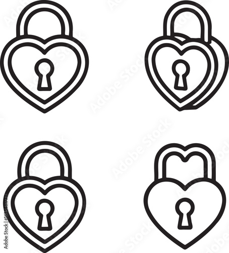Set of Heart Shaped Padlock Outline vector illustration isolated On Transparent Background