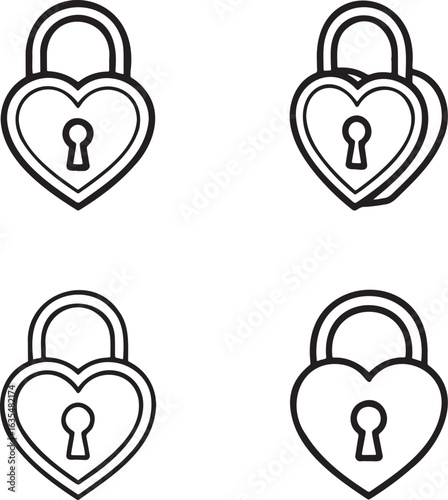 Set of Heart Shaped Padlock Outline vector illustration isolated On Transparent Background