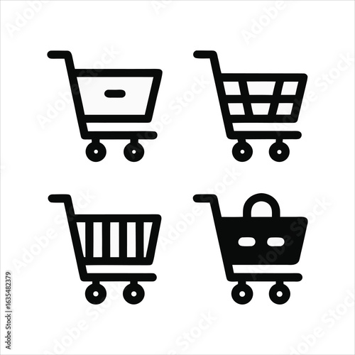 Four black shopping cart icons on white background commerce retail