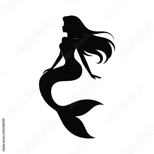 Elegant black silhouette of a mermaid with flowing hair