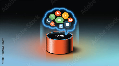 Orange smart speaker with digital interface communication icons technology