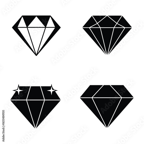 Four Simple Diamond Icon Variations Black and White, Flat vector 