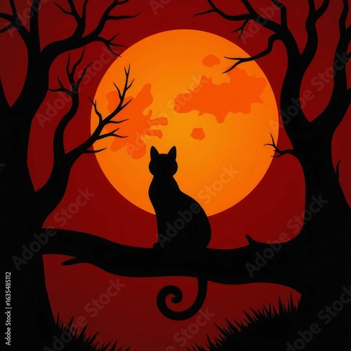 halloween cat on the moon, halloween, tree, night, moon, bat, vector, silhouette, spooky, pumpkin, dark, illustration, cartoon, horror, scary, holiday, autumn, cat, celebration, black, house, orange, 