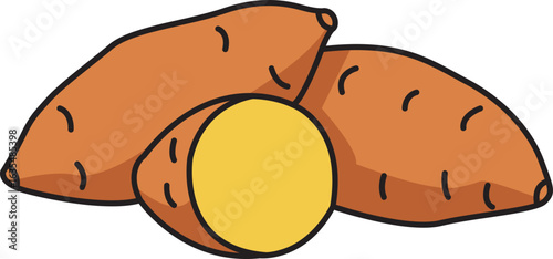 Three cartoon sweet potatoes, two whole and one halved revealing yellow flesh, arranged closely with brown skin and black outlines, bright, cheerful.
