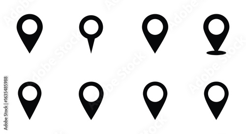 Set of Black Map Pointer Icons for Navigation and Location Services, Flat vector 