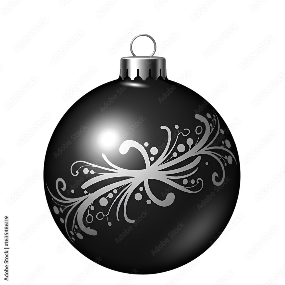 Obraz premium Isolated Black Christmas Ornament with Silver Floral Design on Transparent Background