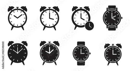 Set of Black and White Clock Icons Representing Time and Schedules, Flat vector 