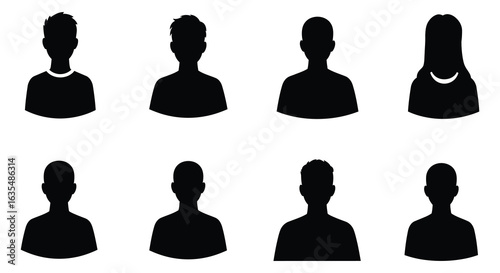 Eight Diverse Black Silhouettes of People for Profile Pictures, Flat vector 