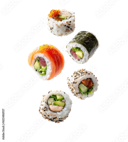 Assorted sushi rolls, various fillings and textures, displayed against a black background.  Six pieces of sushi, different colors and ingredients