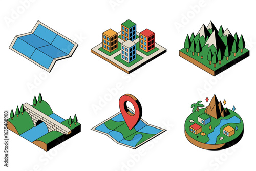 Isometric city and landscape icons, map location pin vector, navigation symbol set, travel map illustration, urban area design